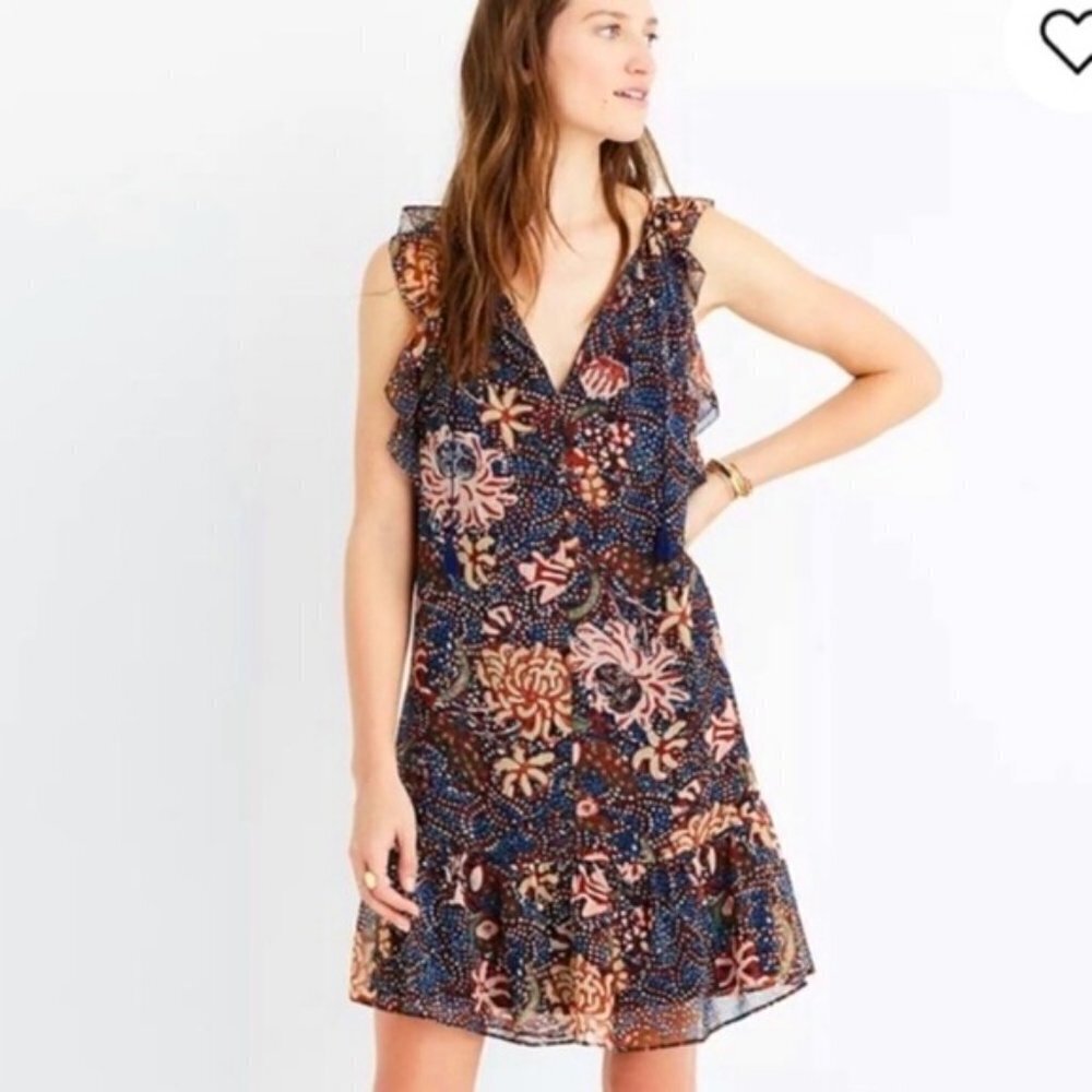 Madewell Navy & Brown V-neck Tassel Tie Flutter Sleeve Ruffle Hem Mini Dress XXS - Picture 1 of 16